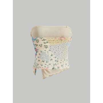 Milumia Women Floral Mesh Strapless Ruched Tube Top Split Hem Sleeveless Bandeau Crop Tops Light Gre...