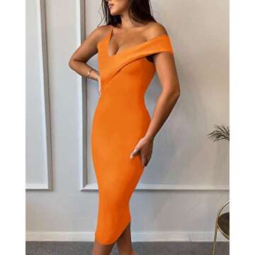 UONBOX Women's Cut Out One Shoulder Sleeveless Split Club Party Fashion Bandage Dress (XL, Orange)