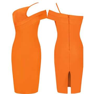 UONBOX Women's Cut Out One Shoulder Sleeveless Split Club Party Fashion Bandage Dress (XL, Orange)