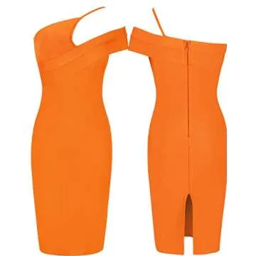UONBOX Women's Cut Out One Shoulder Sleeveless Split Club Party Fashion Bandage Dress (XL, Orange)
