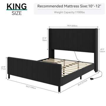 YITAHOME King Size Bed Frame with Charging Station,Premium Velvet Upholstered Platform Bed Frame with Tall Vertical Channel Tufted Wingback Headboard & Footboard,No Box Spring Required/Black