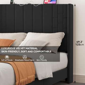 YITAHOME King Size Bed Frame with Charging Station,Premium Velvet Upholstered Platform Bed Frame with Tall Vertical Channel Tufted Wingback Headboard & Footboard,No Box Spring Required/Black