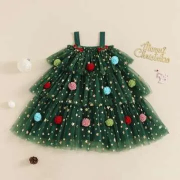 Eadrioss Toddler Baby Girl Christmas Outfit Sleeveless Christmas Tree Dress Star Flower Green Tutu Dresses Christmas Clothes
