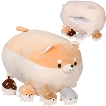 PixieCrush Stuffed Dog Toy - Cute Plushies Shiba Inu Mommy with 4 Puppies - Adorable Plush Pillow fo...