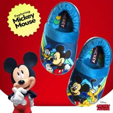 Disney Mickey Mouse Boys Slippers - Plush Lightweight Warm Comfort Soft Aline House Kids Shoes Slippers - Navy Multi (size 5-6 Toddler)