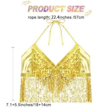 Victray Women Sparkly Sequin Bra Tops Dance Bikini Bra Fringe Crop Top Party Club Wear Costume (Gold...