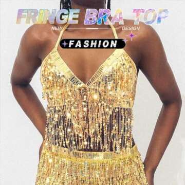Victray Women Sparkly Sequin Bra Tops Dance Bikini Bra Fringe Crop Top Party Club Wear Costume (Gold)