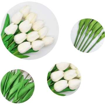 PU Fake Tulips Real Touch Artificial Flowers 10Pcs Flower Arrangement Bouquet for Home Office Wedding Decoration (White)