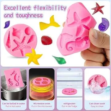 Elfkitwang Marine Theme Fondant Silicone Mold,Seashell,conch, Mermaid Tail,Seahorse,starfish,coral, DIY Handmade Baking Tools for Mermaid Theme Cake Decoration