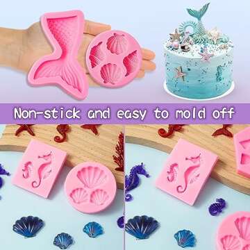 Elfkitwang Marine Theme Fondant Silicone Mold,Seashell,conch, Mermaid Tail,Seahorse,starfish,coral, DIY Handmade Baking Tools for Mermaid Theme Cake Decoration