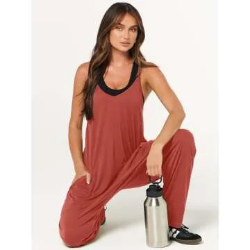 ANRABESS Jumpsuits for Women Casual Summer Overalls Sleeveless Spaghetti Strap Romper Jumpers Trendy Beach Vacation Outfits Orange Rust Medium