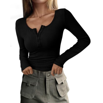 PRETTYGARDEN Women's 2025 Spring Fall Long Sleeve Henley T Shirts Button Ribbed Knit Slim Fit Casual...