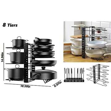 KLEVERISE 8 Tiers Pot Pan Organizer Rack Storage Under Cabinet – Sturdy Heavy Duty Cast Iron Adjus...