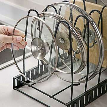 KLEVERISE 8 Tiers Pot Pan Organizer Rack Storage Under Cabinet – Sturdy Heavy Duty Cast Iron Adjustable DIY Pot Pan Rack - Space Saving Pot Pan Lid Holders