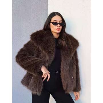 Flygo Women's Faux Fur Coat Fluffy Faux Fur Jacket Long Sleeve Lapel Furry Winter Jackets Shaggy Parka Short Coat(Brown-S)