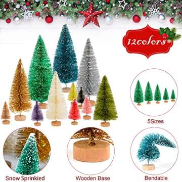 ONESING 50 Pcs Mini Xmas Tree, Bottle Brush Trees with Wooden Base Artificial Small Christmas Pine Tree 5 Sizes Tiny Pine Tree Christmas Sisal Snow Trees for Home Tabletop Christmas Decorations