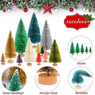 ONESING 50 Pcs Mini Xmas Tree, Bottle Brush Trees with Wooden Base Artificial Small Christmas Pine Tree 5 Sizes Tiny Pine Tree Christmas Sisal Snow Trees for Home Tabletop Christmas Decorations