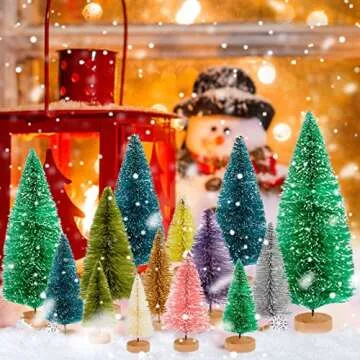 ONESING 50 Pcs Mini Xmas Tree, Bottle Brush Trees with Wooden Base Artificial Small Christmas Pine Tree 5 Sizes Tiny Pine Tree Christmas Sisal Snow Trees for Home Tabletop Christmas Decorations