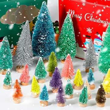 ONESING 50 Pcs Mini Xmas Tree, Bottle Brush Trees with Wooden Base Artificial Small Christmas Pine Tree 5 Sizes Tiny Pine Tree Christmas Sisal Snow Trees for Home Tabletop Christmas Decorations