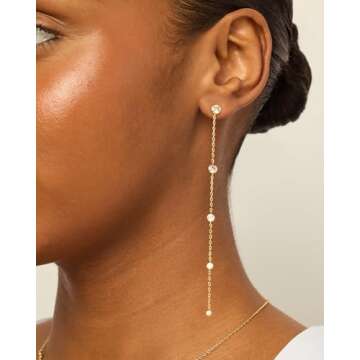 PAVOI 14K Yellow Gold Plated Sterling Silver Posts Station Linear Dangle Earrings | Simulated Diamond Chain Drop Earrings for Women