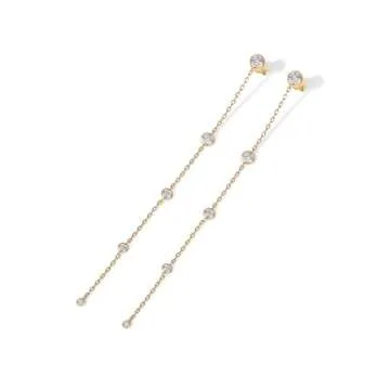 PAVOI 14K Yellow Gold Plated Sterling Silver Posts Station Linear Dangle Earrings | Simulated Diamond Chain Drop Earrings for Women