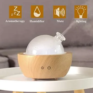 Glass Essential Oil Diffuser with Real Wood Base, 200ml Ultrasonic Aromatherapy Diffuser, Glass Dome Humidifier, LED Light Available in 7 Colors, Auto Shut-Off for Home Office Bedroom Gift