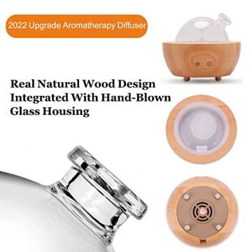 Glass Essential Oil Diffuser with Real Wood Base, 200ml Ultrasonic Aromatherapy Diffuser, Glass Dome Humidifier, LED Light Available in 7 Colors, Auto Shut-Off for Home Office Bedroom Gift