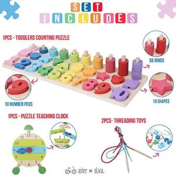 Montessori Fine Motor Skill Toys - Math Wooden Number Shape Set with Learning Clock and Lacing Beads...