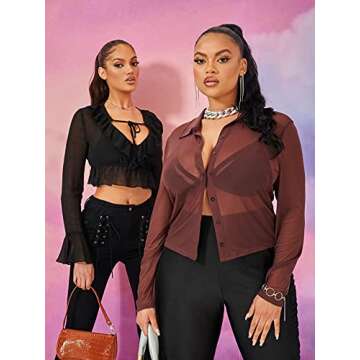 Floerns Plus Size Sheer Mesh Button Down Blouse 4XL