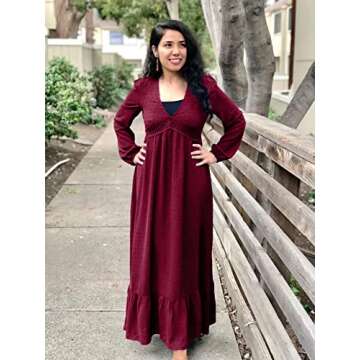 BIUBIU Women's Long Sleeve V Neck Maxi Dress Boho Fall Winter Casual Formal Lace Fashion 2022 Long Dresses(Wine,S)