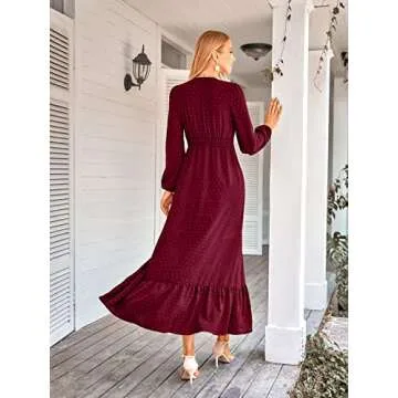BIUBIU Women's Long Sleeve V Neck Maxi Dress Boho Fall Winter Casual Formal Lace Fashion 2022 Long Dresses(Wine,S)