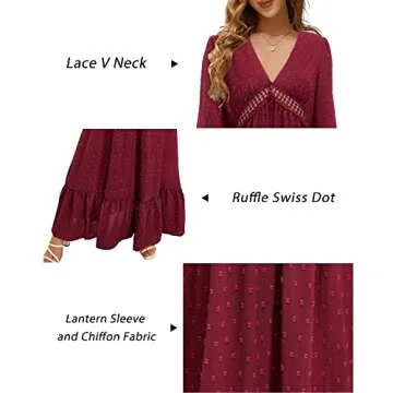 BIUBIU Women's Long Sleeve V Neck Maxi Dress Boho Fall Winter Casual Formal Lace Fashion 2022 Long Dresses(Wine,S)