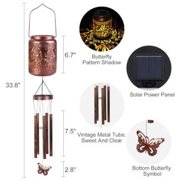 Shumi Butterfly Wind Chimes for Outside 34" Solar Wind Chimes for Women Men Memorial Gift for Mother Christmas Day Garden Decor Hanging Solar Lantern Outdoors Patio Yard