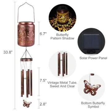 Shumi Butterfly Wind Chimes for Outside 34" Solar Wind Chimes for Women Men Memorial Gift for Mother Christmas Day Garden Decor Hanging Solar Lantern Outdoors Patio Yard