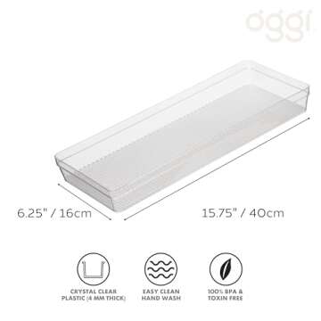 Oggi Clear Drawer Organizer - 6.25" X 15.75" - Ideal for Organizing Kitchen Drawers, Office, Desk, Silverware, Kitchen Utensils, Cosmetics and Bathrooms