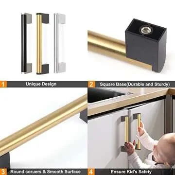 FULGENTE Golden Cabinet Pulls Brushed Brass Handles Stainless Steel Hardware for Kitchen Bathroom Wardrobe Black Square and Rounded Gold Modern Style 5 inch (128mm) Hole Center 10Pack