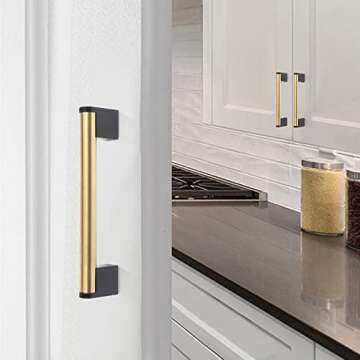 FULGENTE Golden Cabinet Pulls Brushed Brass Handles Stainless Steel Hardware for Kitchen Bathroom Wardrobe Black Square and Rounded Gold Modern Style 5 inch (128mm) Hole Center 10Pack