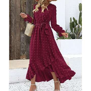 BTFBM Womens Boho Cocktail Maxi Dress Fall Fashion 2025 V Neck Long Sleeve Swiss Dot Flowy Slit Wedd...
