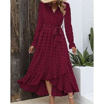 BTFBM Womens Boho Cocktail Maxi Dress Fall Fashion 2025 V Neck Long Sleeve Swiss Dot Flowy Slit Wedding Guest Dresses(Swiss Dot Wine Red, Large)