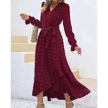 BTFBM Womens Boho Cocktail Maxi Dress Fall Fashion 2025 V Neck Long Sleeve Swiss Dot Flowy Slit Wedding Guest Dresses(Swiss Dot Wine Red, Large)