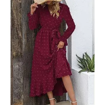 BTFBM Womens Boho Cocktail Maxi Dress Fall Fashion 2025 V Neck Long Sleeve Swiss Dot Flowy Slit Wedding Guest Dresses(Swiss Dot Wine Red, Large)