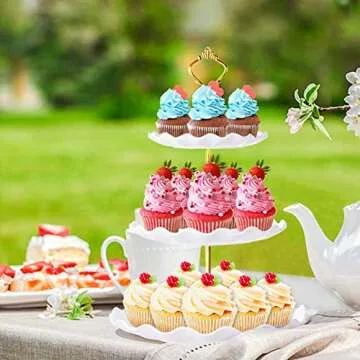 BACUTHY 3 Tier Cupcake Stand Holder, Plastic Cup Cake Stand Towel with Tiered Serving Tray for Cupcakes, Donuts, Fruits and More, White (White)