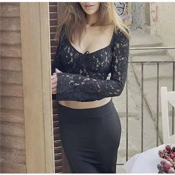 Women Y2k Lace Long Sleeve Top See Through Mesh Crop Top Floral Slim Fit Layering Top Tee Shirt Blouse Streetwear (D1-Sweetheart Neck Black, S)