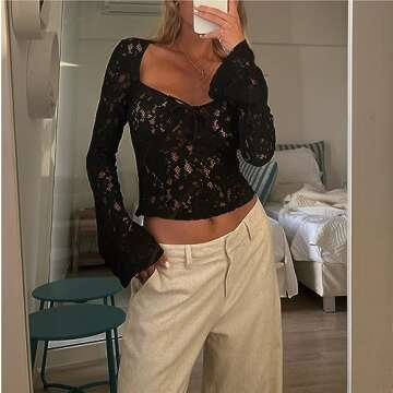 Women Y2k Lace Long Sleeve Top See Through Mesh Crop Top Floral Slim Fit Layering Top Tee Shirt Blouse Streetwear (D1-Sweetheart Neck Black, S)