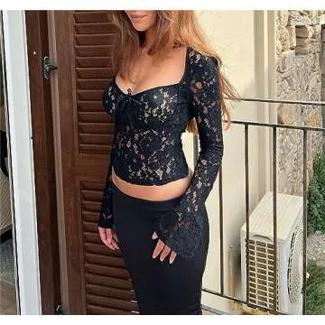 Women Y2k Lace Long Sleeve Top See Through Mesh Crop Top Floral Slim Fit Layering Top Tee Shirt Blouse Streetwear (D1-Sweetheart Neck Black, S)