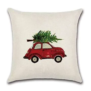 PSDWETS Christmas Decorations Christmas Tree Red Car Cotton Linen Throw Pillow Covers Set of 4 Cushion Cover 18 X 18