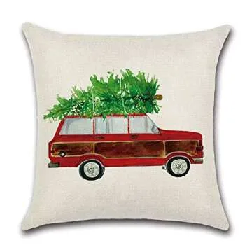 PSDWETS Christmas Decorations Christmas Tree Red Car Cotton Linen Throw Pillow Covers Set of 4 Cushion Cover 18 X 18