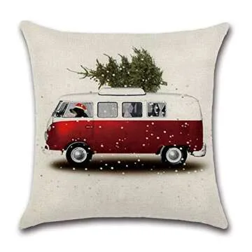 PSDWETS Christmas Decorations Christmas Tree Red Car Cotton Linen Throw Pillow Covers Set of 4 Cushion Cover 18 X 18