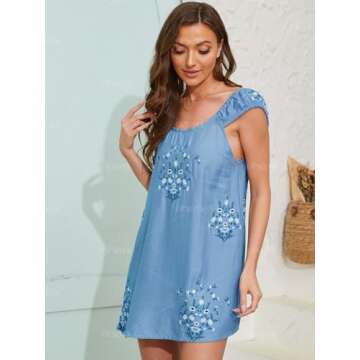 OFSOAK Embroidered Dress for Women Summer Floral Babydoll Short Dress Casual Lightweight Boho Vacation Sundresses