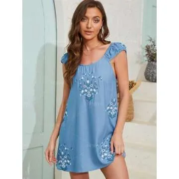 OFSOAK Embroidered Dress for Women Summer Floral Babydoll Short Dress Casual Lightweight Boho Vacation Sundresses